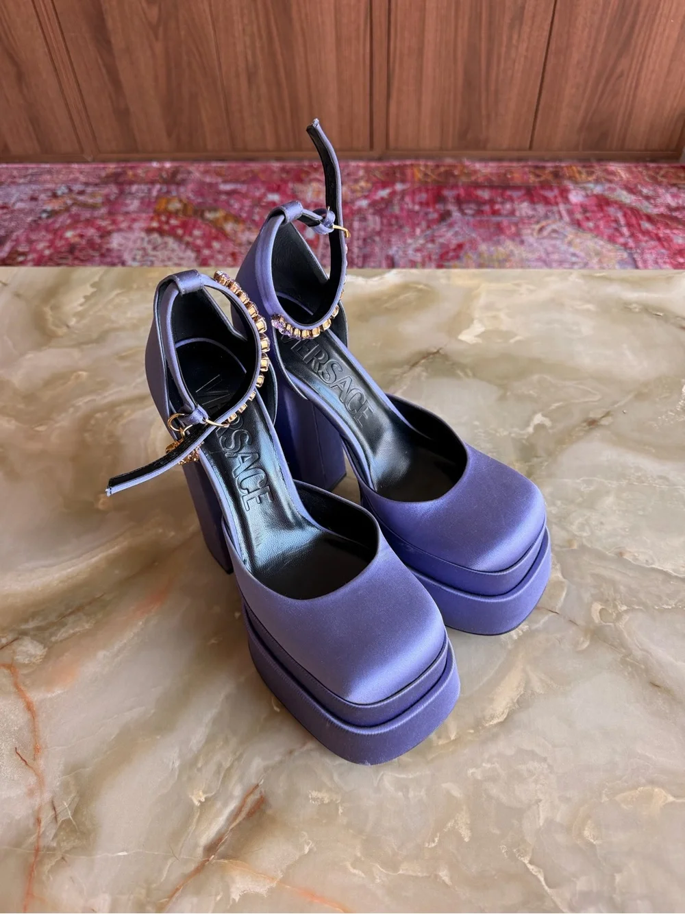 Versace Aevitas Satin Platform Heels — Lilac / Lavender